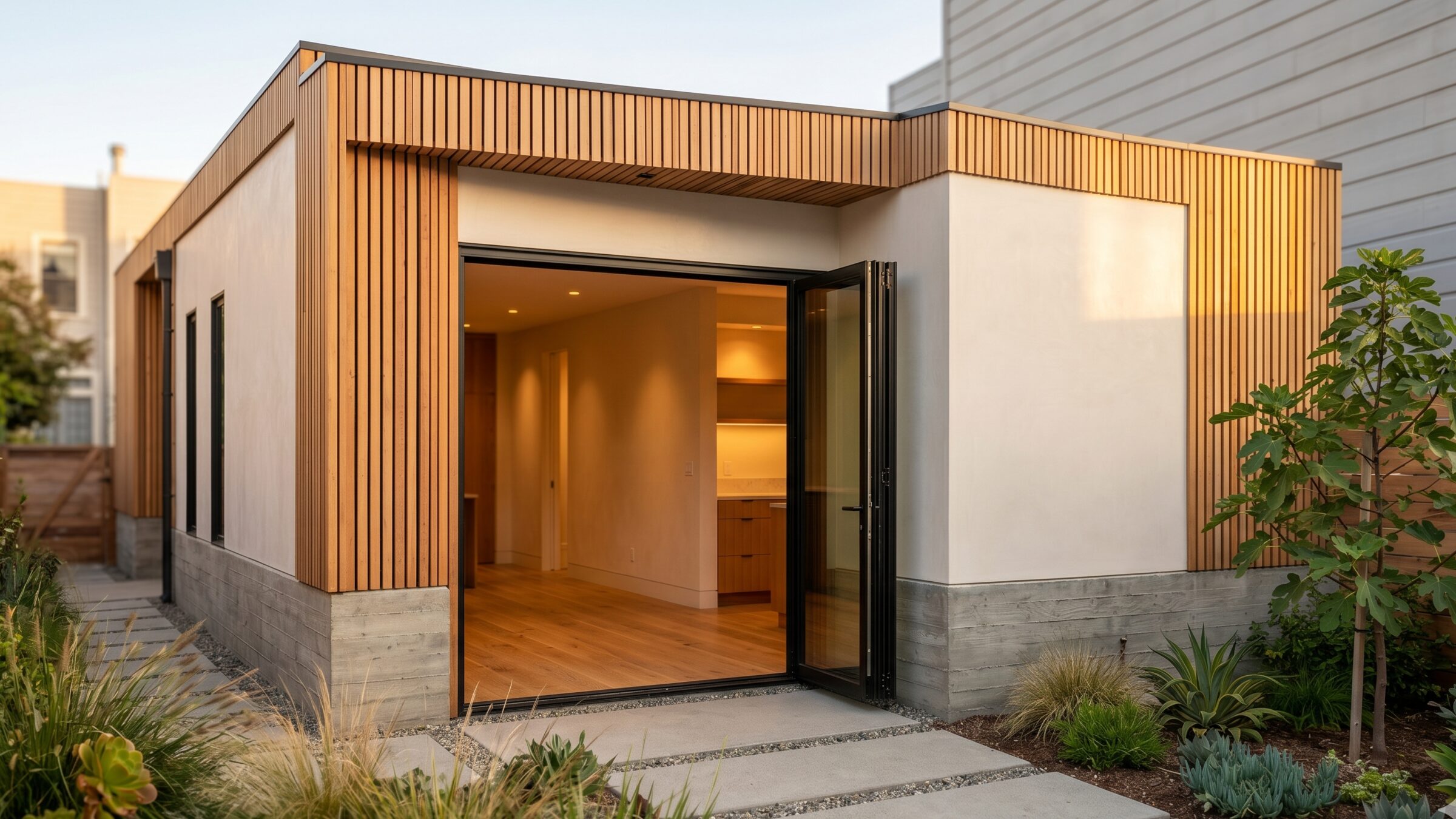 Modern garage-conversion ADU in San Francisco with folding glass doors and warm wood cladding