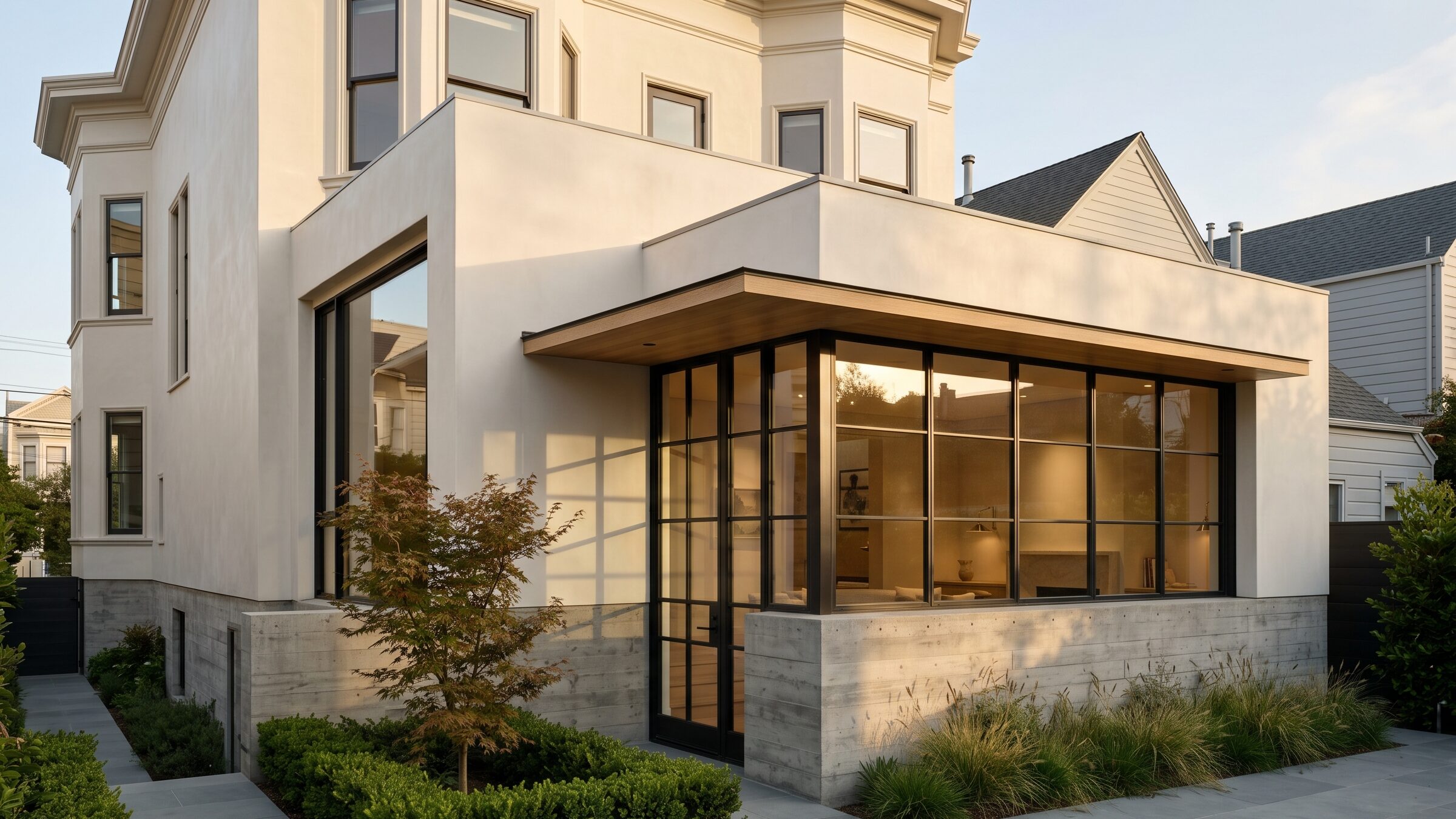 Mid-century ranch profile against valley hills — wood, steel, stone discipline.