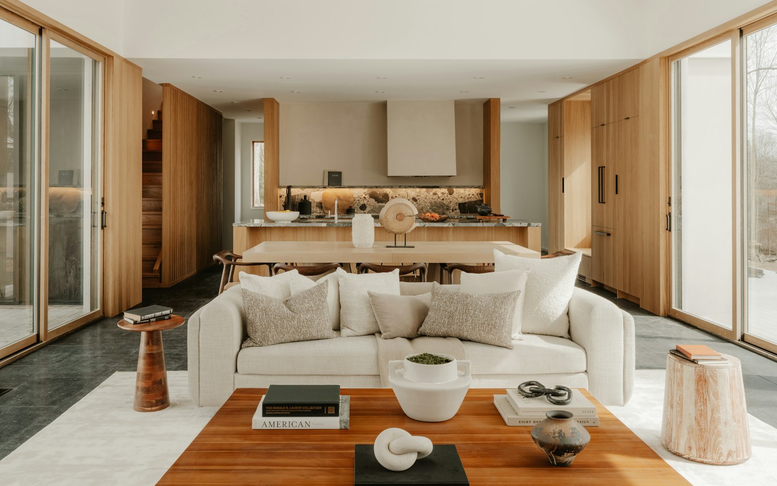 Modern open-plan living room and kitchen with natural light